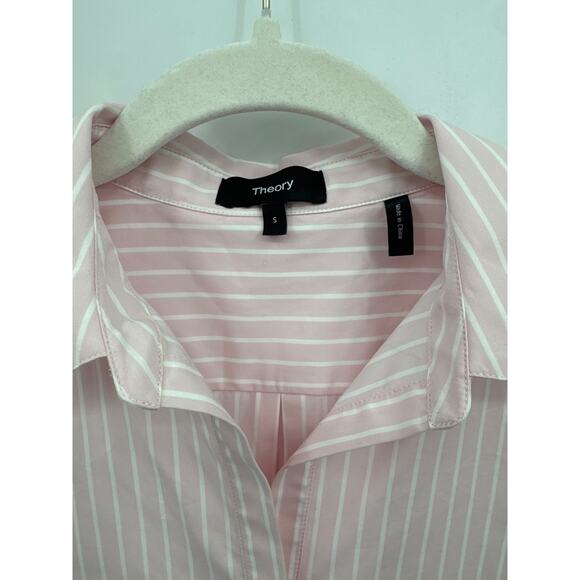 Theory Pinstriped poplin Polo Shell V-neck Top Sleeveless Pink White Size Small - Picture 3 of 7